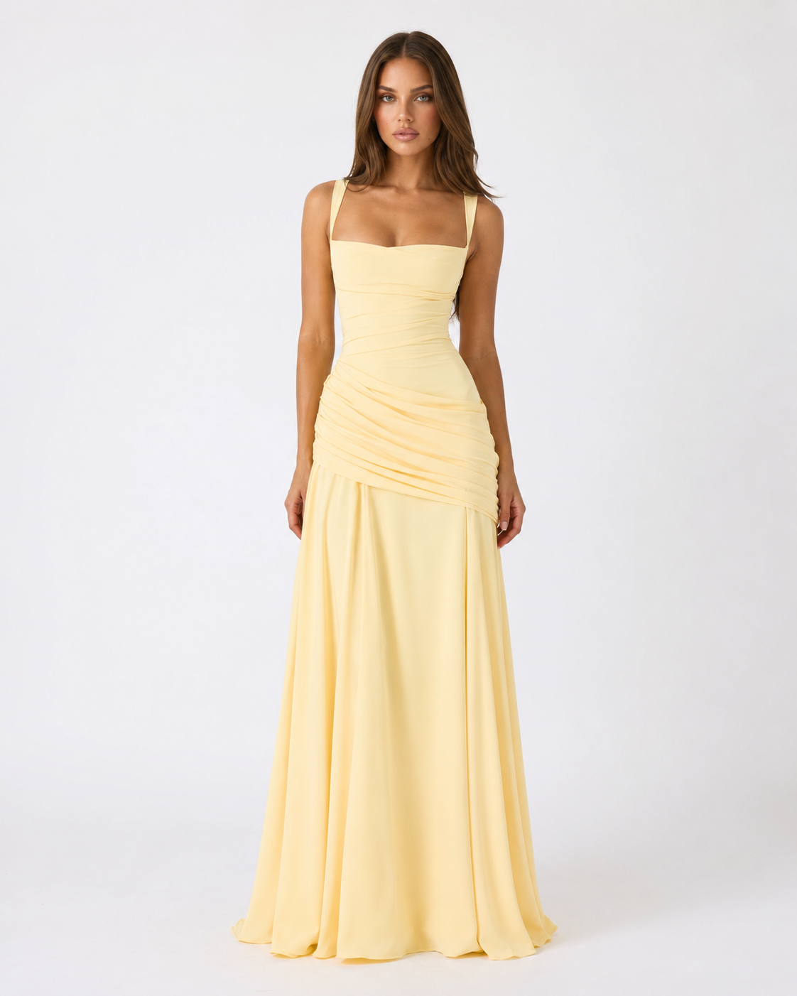Enie - Vestido maxi amarillo con escote drapeado