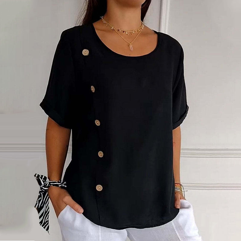 ROSA - Blusa de cuello redondo con botones laterales, negro