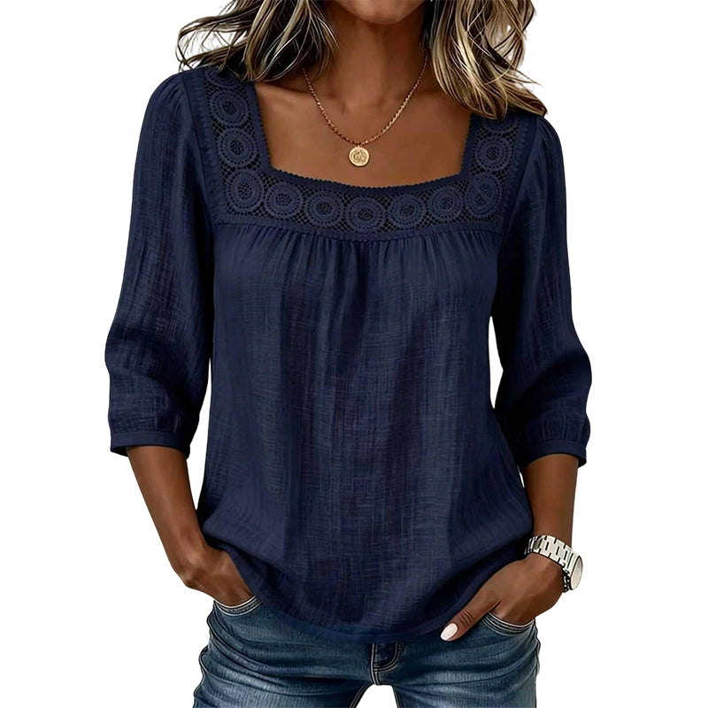 ANDREA - Blusa de escote cuadrado con encaje, azul marino