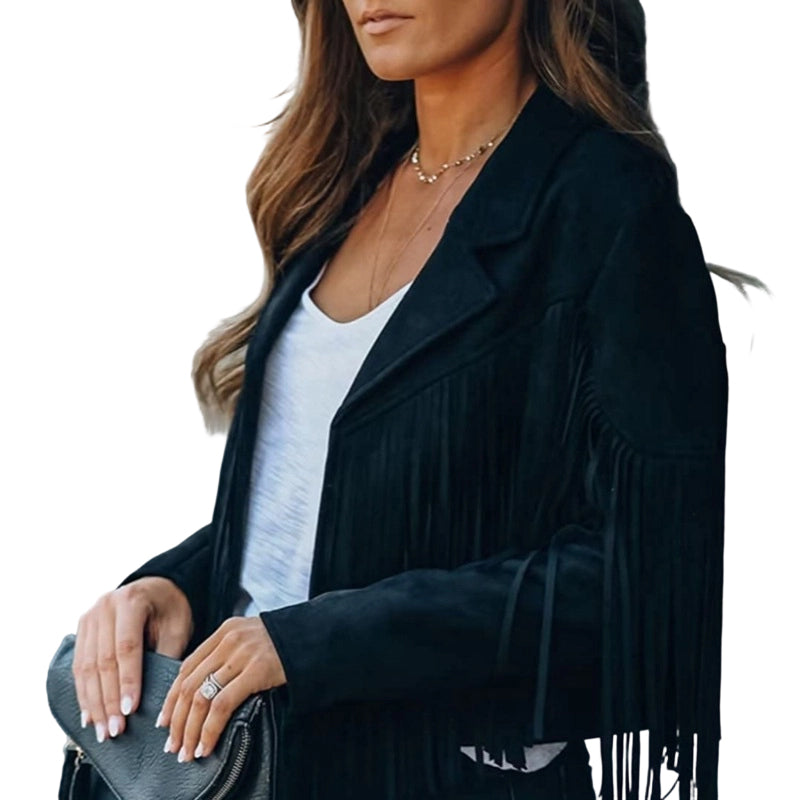 MARTA - Chaqueta corta con flecos, negro