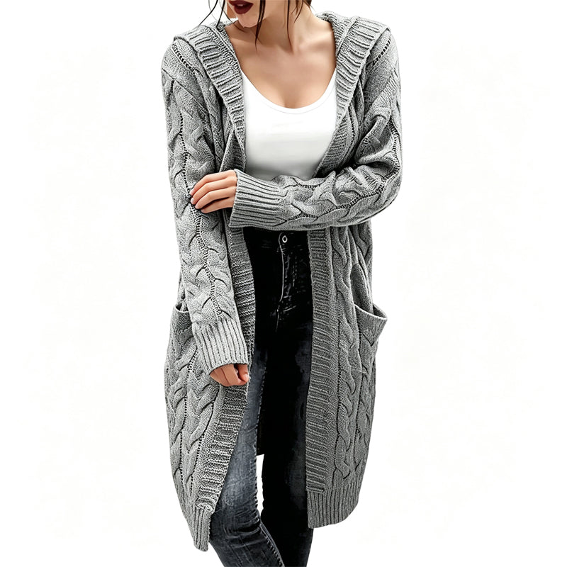 ELENA - Cardigan largo de punto trenzado con capucha, gris
