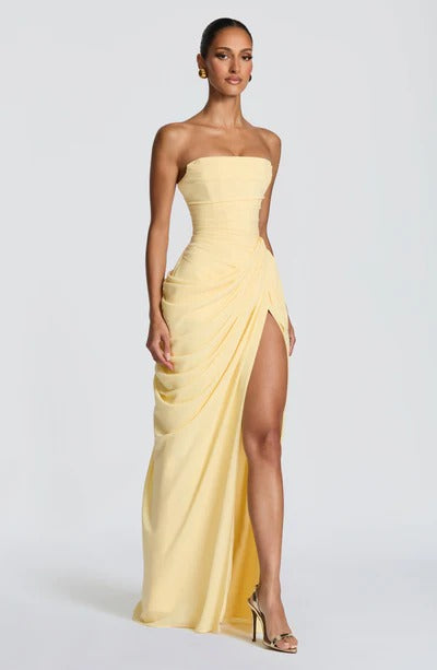 SIENA – VESTIDO CON CORSÉ Y DRAPEADO ASIMÉTRICO