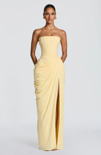 SIENA – VESTIDO CON CORSÉ Y DRAPEADO ASIMÉTRICO