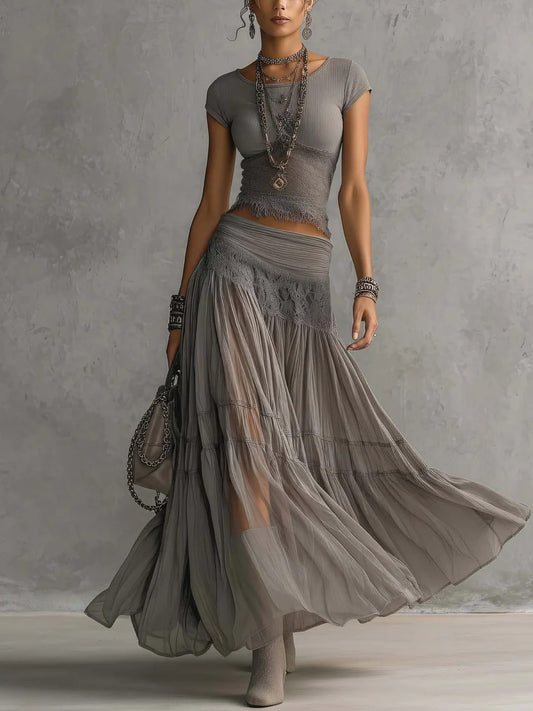 EVA - CONJUNTO GRIS ELEGANTE DE FALDA LARGA