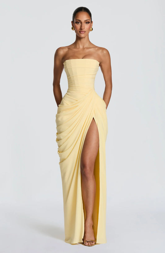 SIENA – VESTIDO CON CORSÉ Y DRAPEADO ASIMÉTRICO