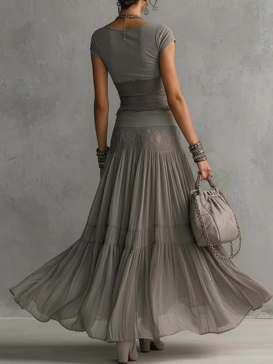 EVA - CONJUNTO GRIS ELEGANTE DE FALDA LARGA