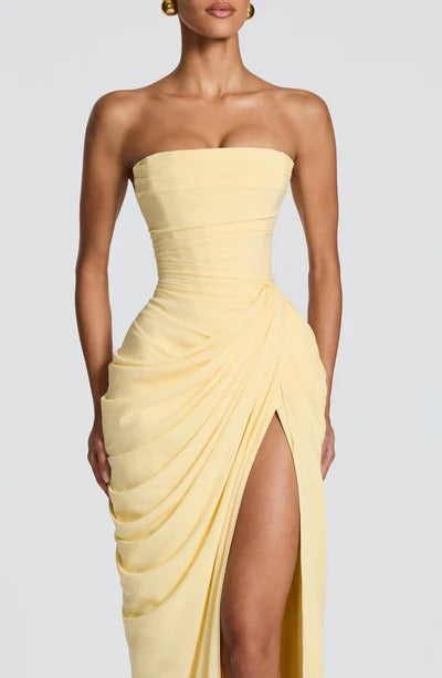 SIENA – VESTIDO CON CORSÉ Y DRAPEADO ASIMÉTRICO