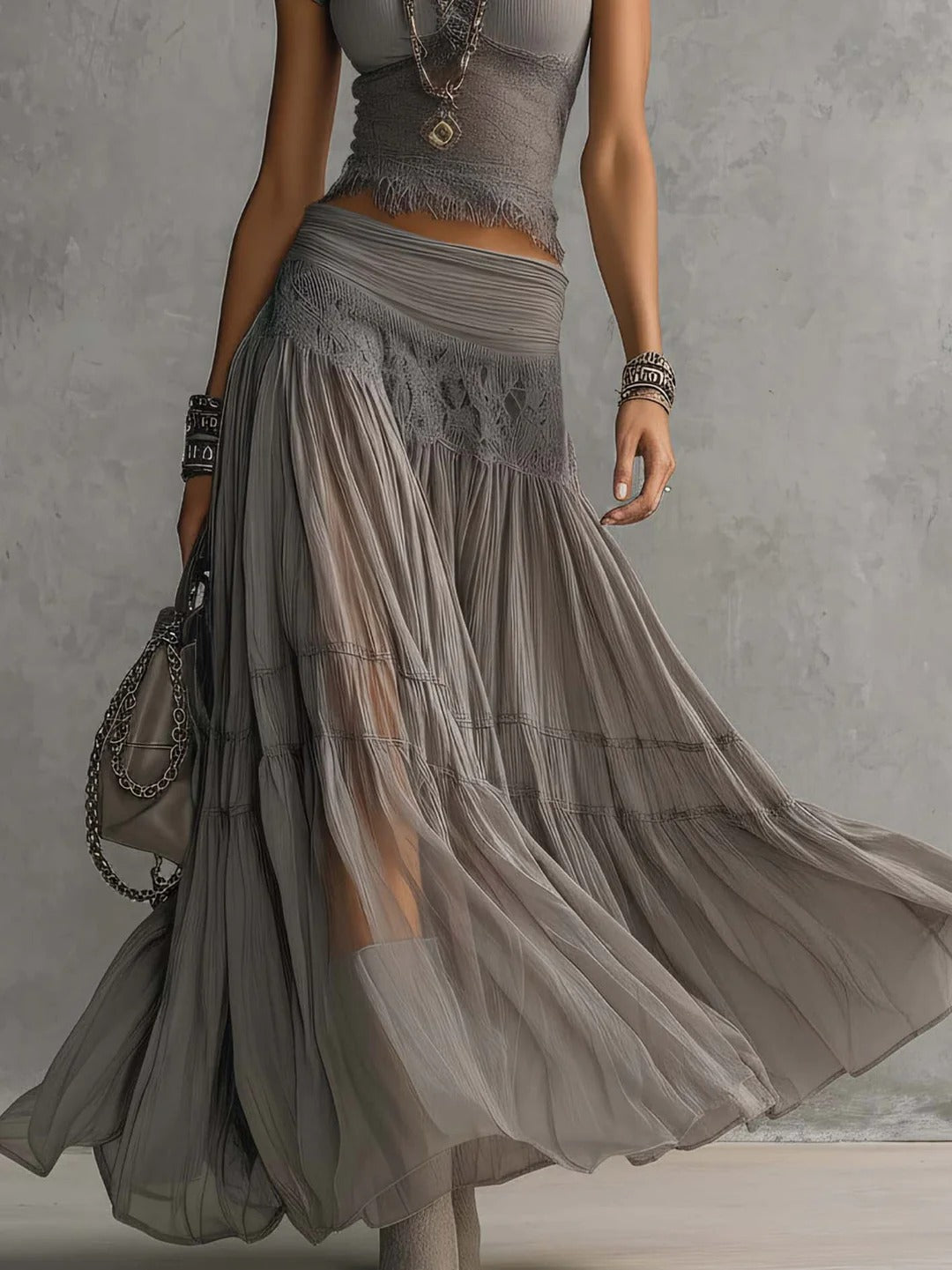 EVA - CONJUNTO GRIS ELEGANTE DE FALDA LARGA