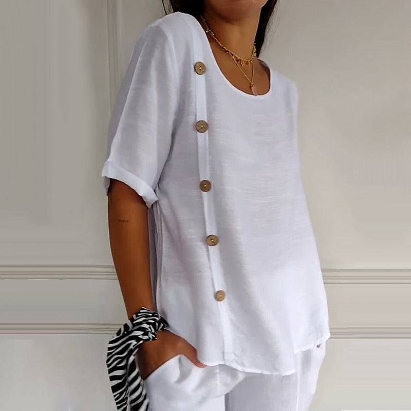 ROSA - Blusa de cuello redondo con botones laterales, blanco