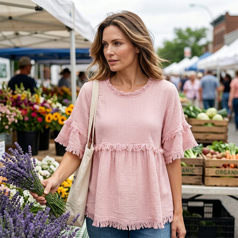 NURIA - Blusa casual con flecos, rosa
