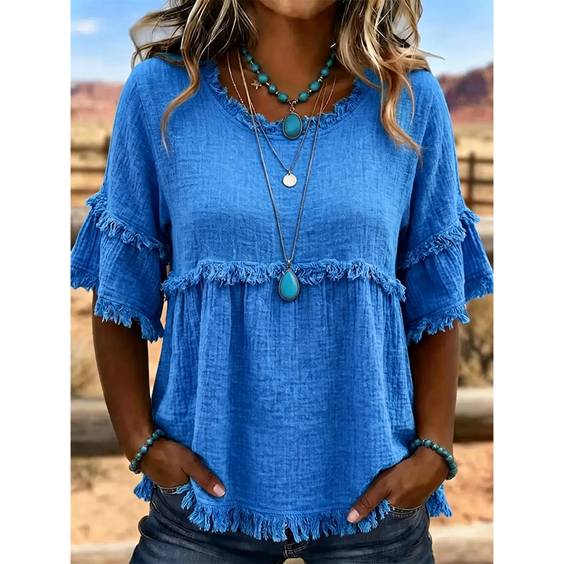 NURIA - Blusa casual con flecos, azul
