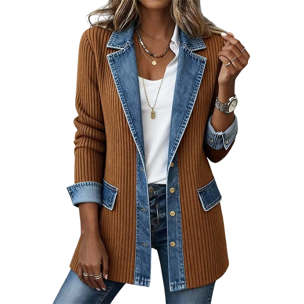 IRENE - Chaqueta de punto con solapa de denim, marrón