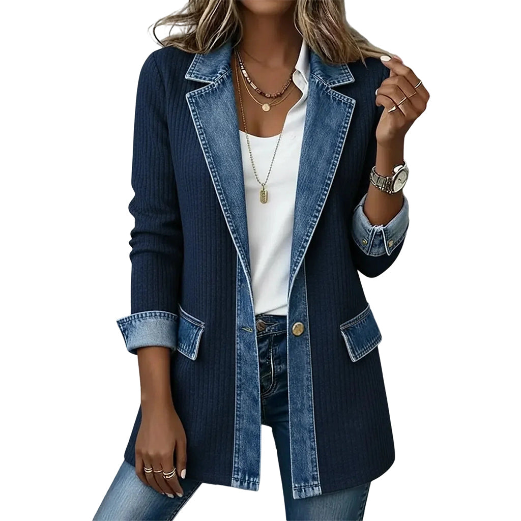 IRENE - Chaqueta de punto con solapa de denim, azul marino