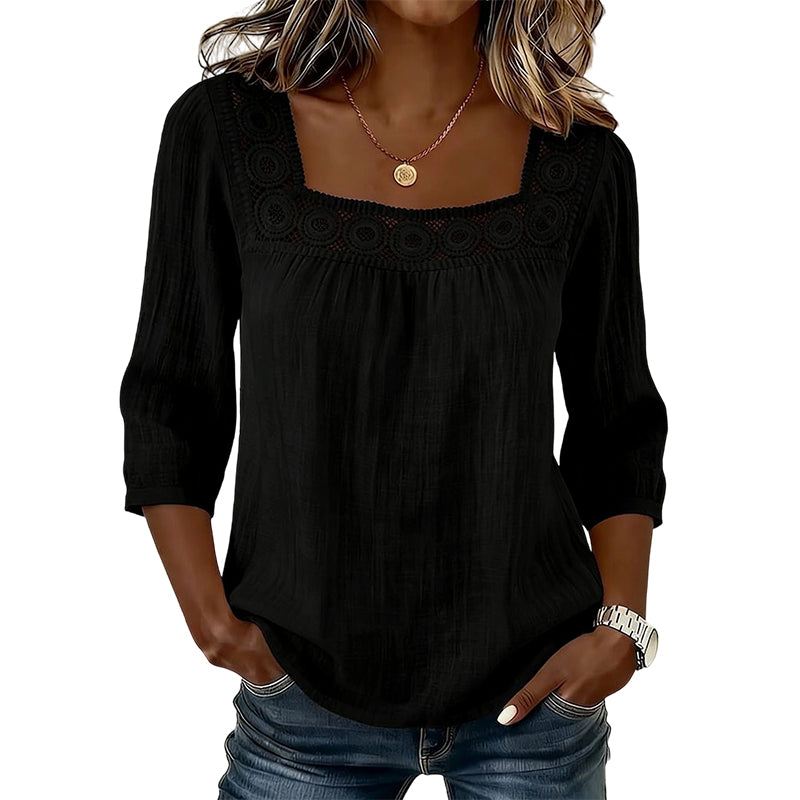 ANDREA - Blusa de escote cuadrado con encaje, negro