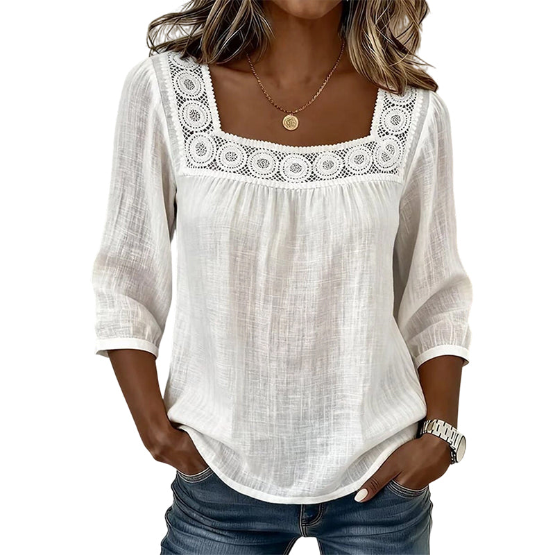 ANDREA - Blusa de escote cuadrado con encaje, blanco